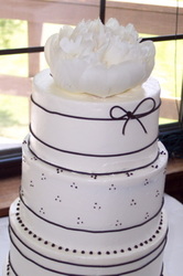 Chocolate dots and ribbon on buttercream wedding cake.
Mebane, NC