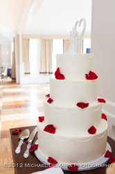 Elegant red rose petals on buttercream wedding cake.
Durham, NC