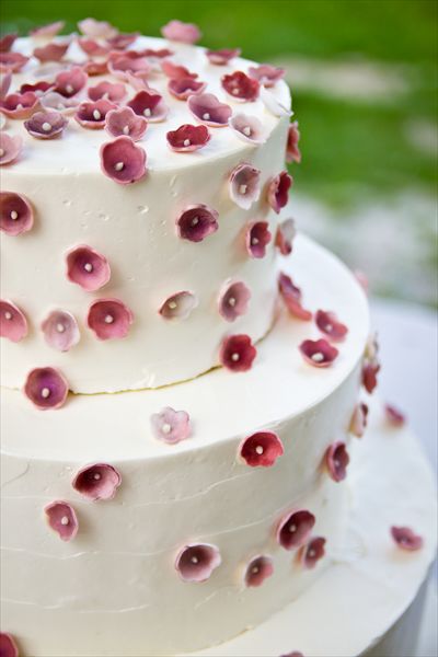 Mini sugar flowers on buttercream wedding cake.  Triangle area.