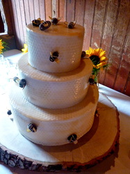 The bee cake!
Chocolate bees buzzing on a beehive fondant wedding cake.
Carboro, NC