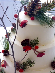 Winter pine cones and fondant leaves on buttercream wedding cake.  NY